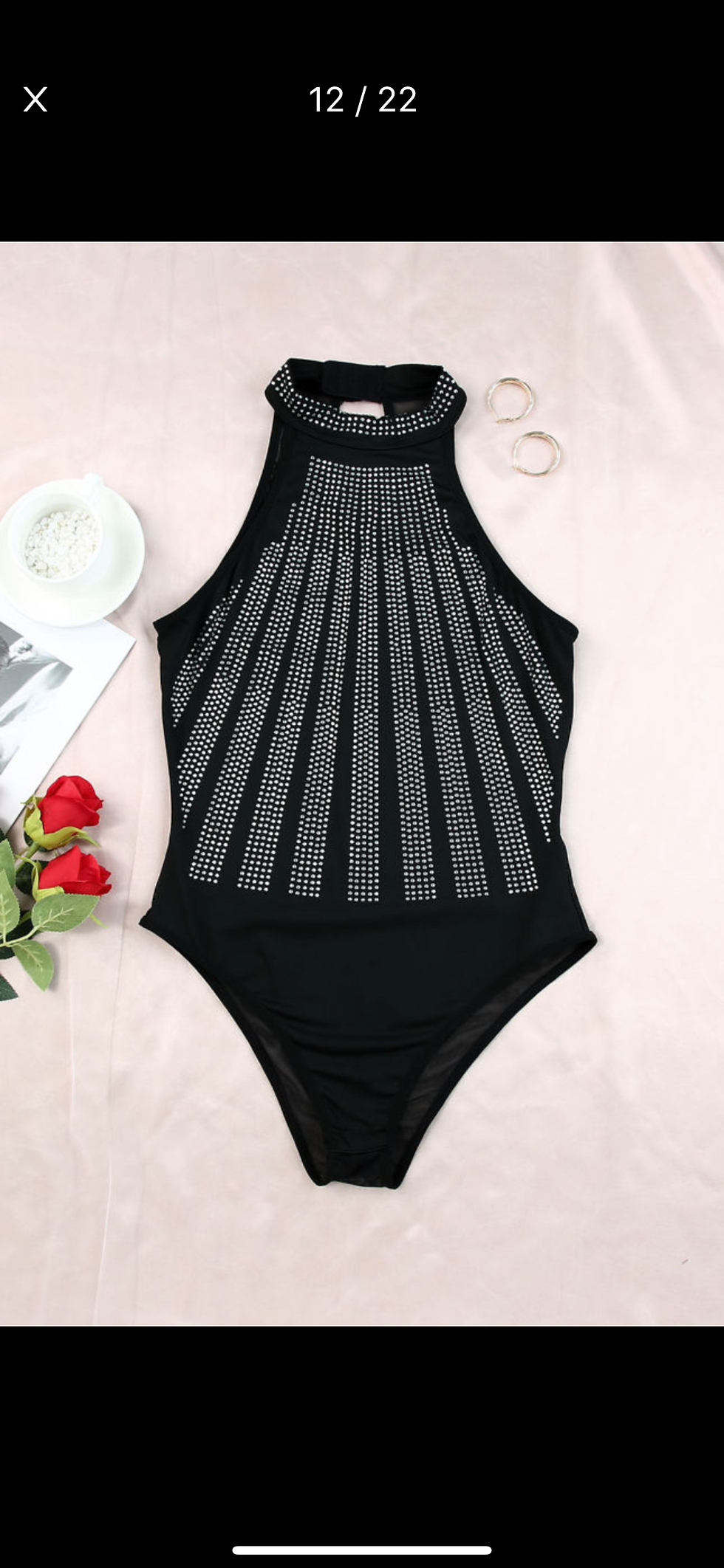 Thumbnail: Black High Neck Diamanté Bodysuit