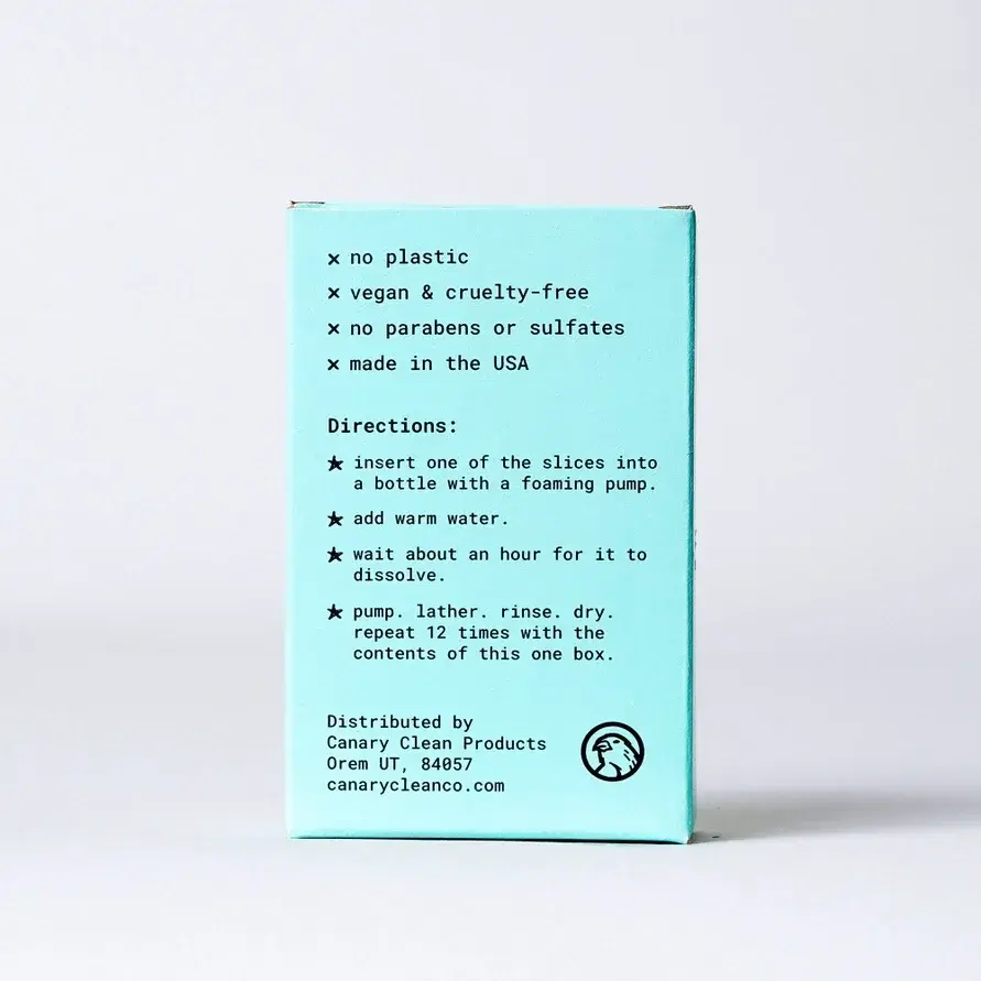 Thumbnail: Light blue card with product features and directions for soap pods