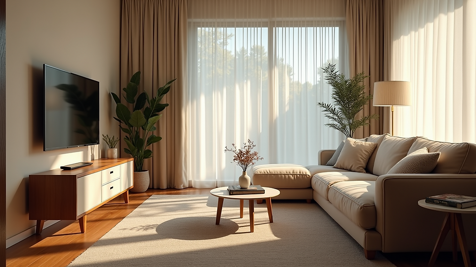 Eye-level view of a cozy living room with modern decor and natural light