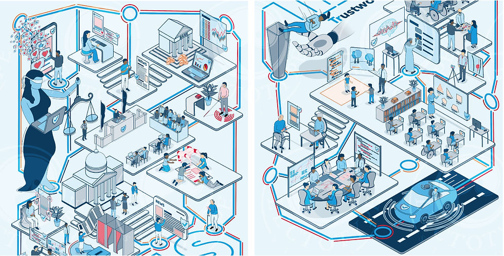 Full isometric illustration showing the breadth of TRAILS research areas as a cohesive visual world, sized for a large-format conference booth banner