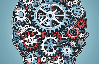 the outline of a brain with cogs and gears inside, with blue, black, red, and white pastel
