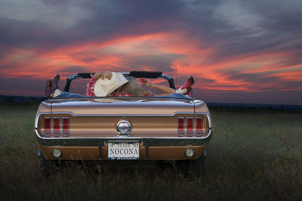 parking date at sunset in a 67 Mustang Convertible
