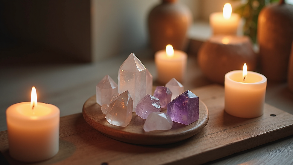 High angle view of a peaceful meditation space with crystals and candles
