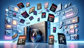 Insta360 X4 Kamera mit empfohlener SD-Karte für 8K-Videoaufnahmen auf einem Holzuntergrund