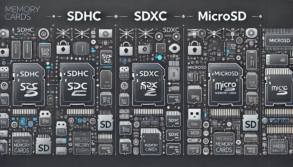 Comparaison visuelle entre SDHC, SDXC et MicroSD avec exemples d'appareils compatibles.