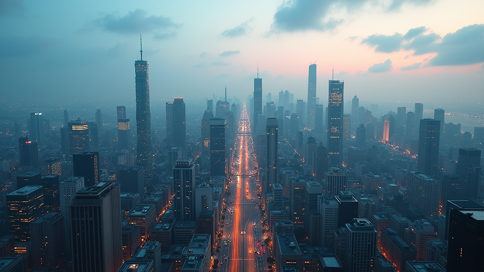 Wide angle view of a city skyline, illustrating the integration of technology and humanity