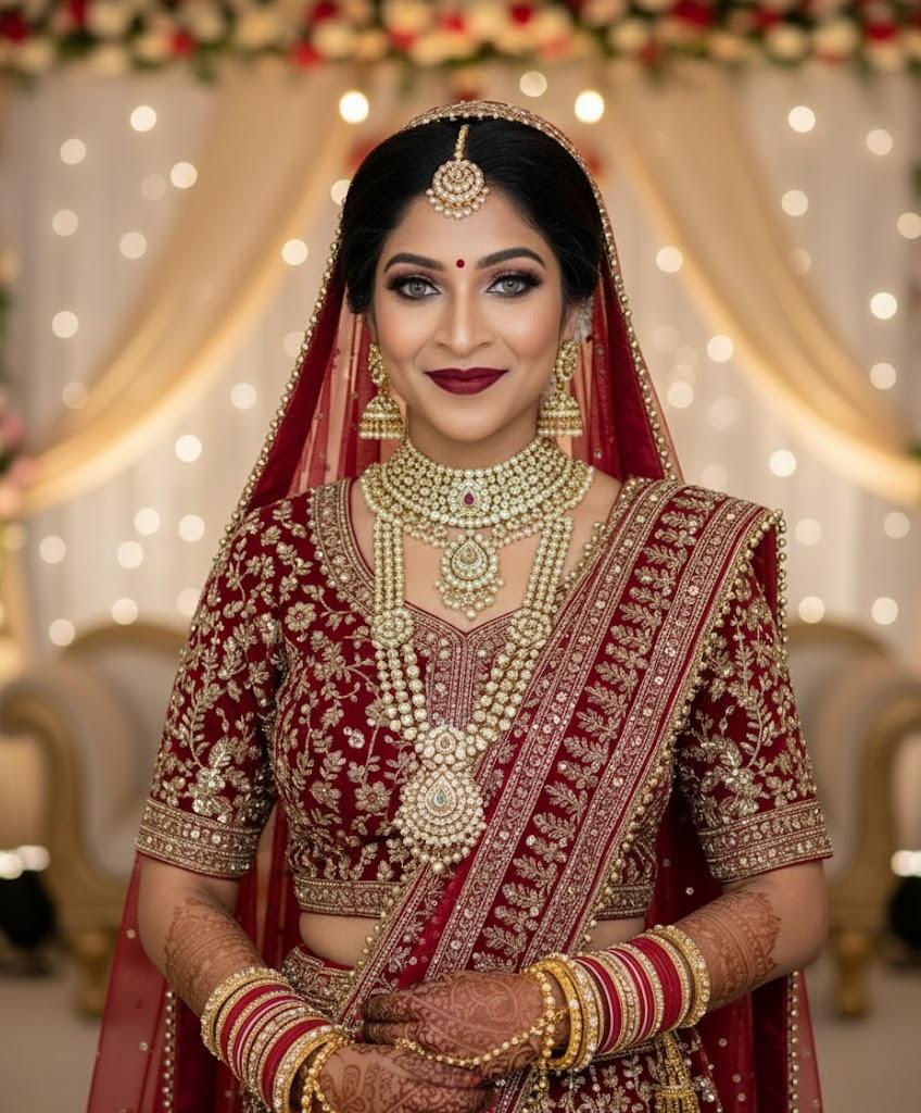 Radiating joy and elegance, the bridal look shines in a richly designed red outfit, complemented by traditional jewellery and mehndi, framed by a beautifully decorated backdrop ❤️❤️