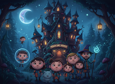 Firefly_Gemini Flash_Merlin ( the Bird ) Care Services - Childrens home - dark, surreal, c