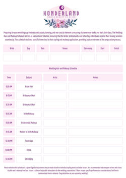 Hair & Makeup Schedule x1 Artist V1