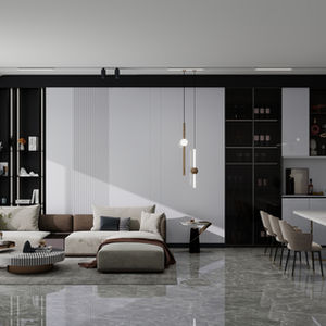 Open‑plan living and dining room with L‑shaped beige sofa, orange accent chair, white marble‑base dining table and black display cabinets on grey marble floor.