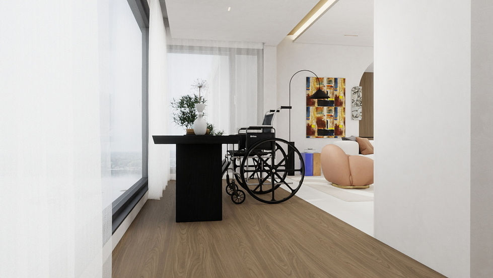 Accessible balcony area with wheelchair next to black console table, large windows with sheer curtains and view into modern living room.