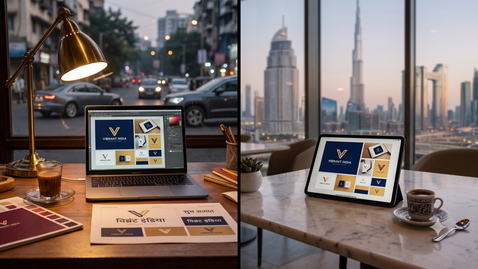 A split-frame photograph — a Mumbai studio desk with warm lamp light and a brand identity project on a laptop on the left, the same brand identity on a tablet at a Dubai marble cafe table with the skyline blurred behind on the right — capturing the dual-market capability that defines what the best Indian design studios bring to GCC clients.
