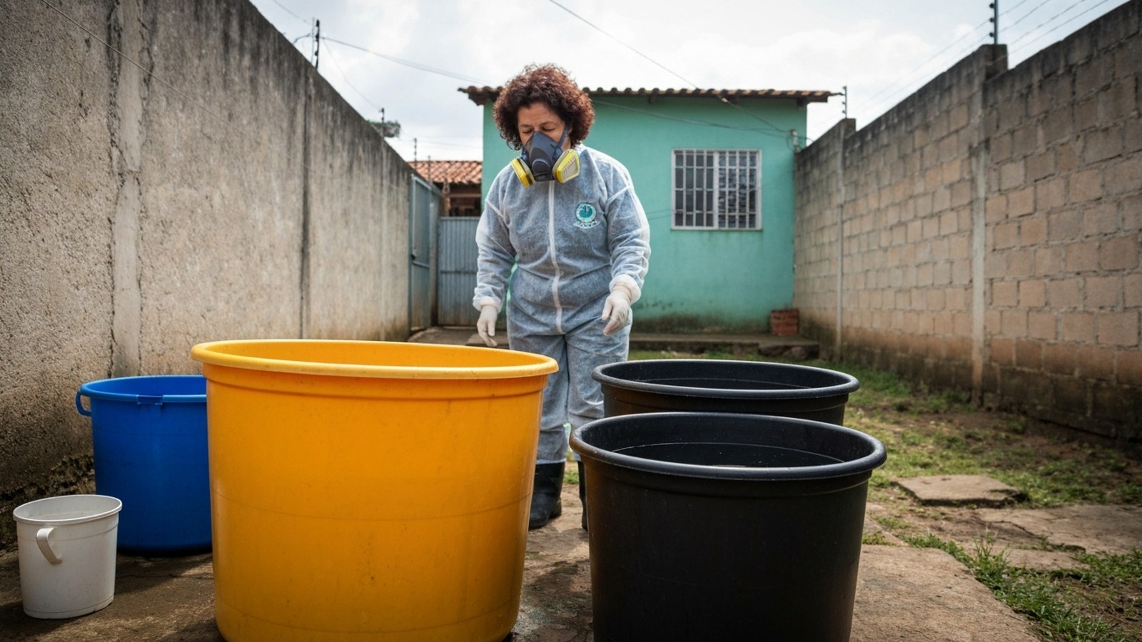 Agente de saúde inspecionando recipientes com água parada em pátio residencial no Sul do Brasil, sem rosto identificável, luz do dia — Pelotas, Camaquã