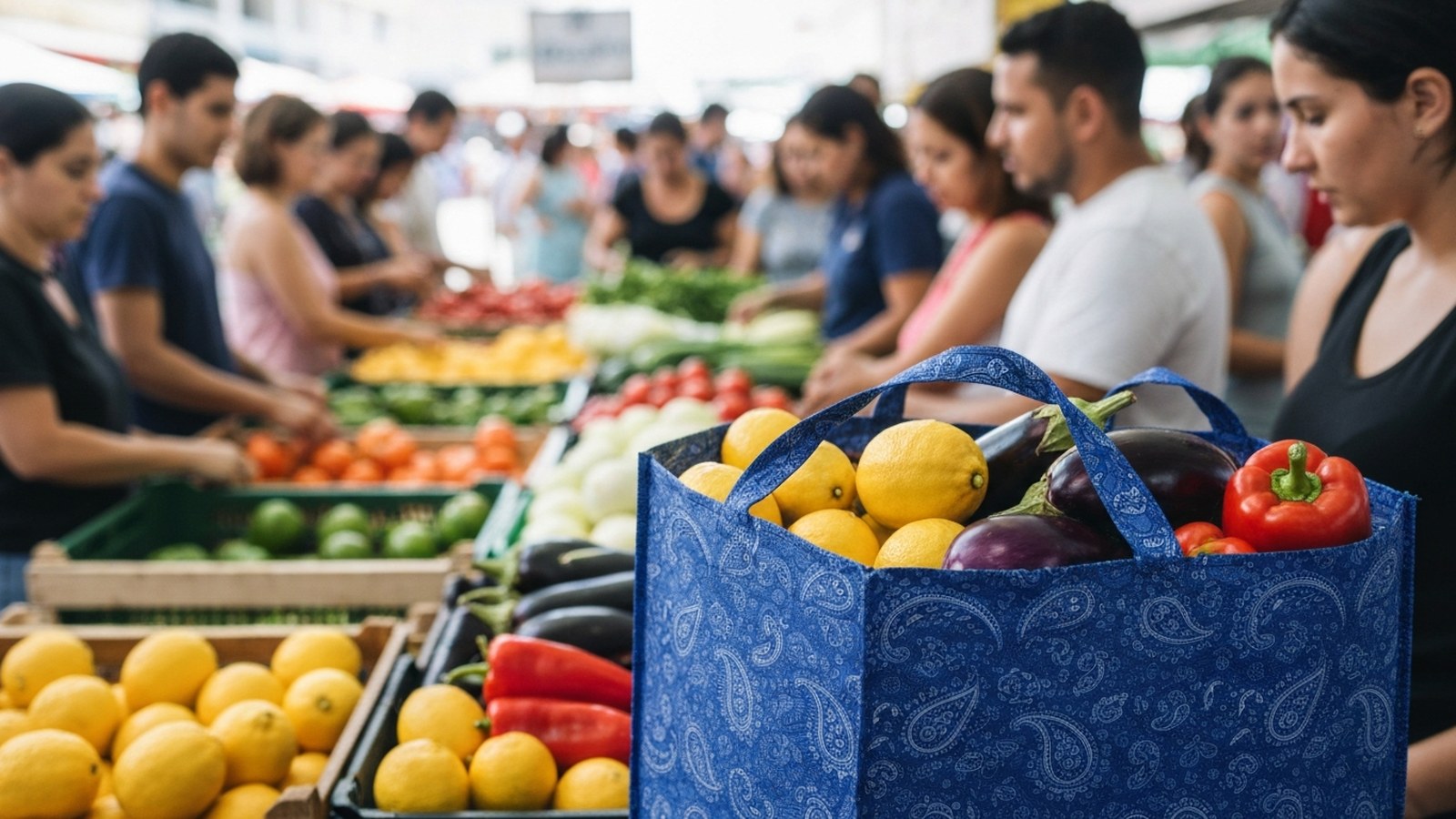 Sacola de tecido reutilizável e produtos de feira sobre balcão, ambiente de comércio local — Semana do Meio Ambiente, São Lourenço do Sul