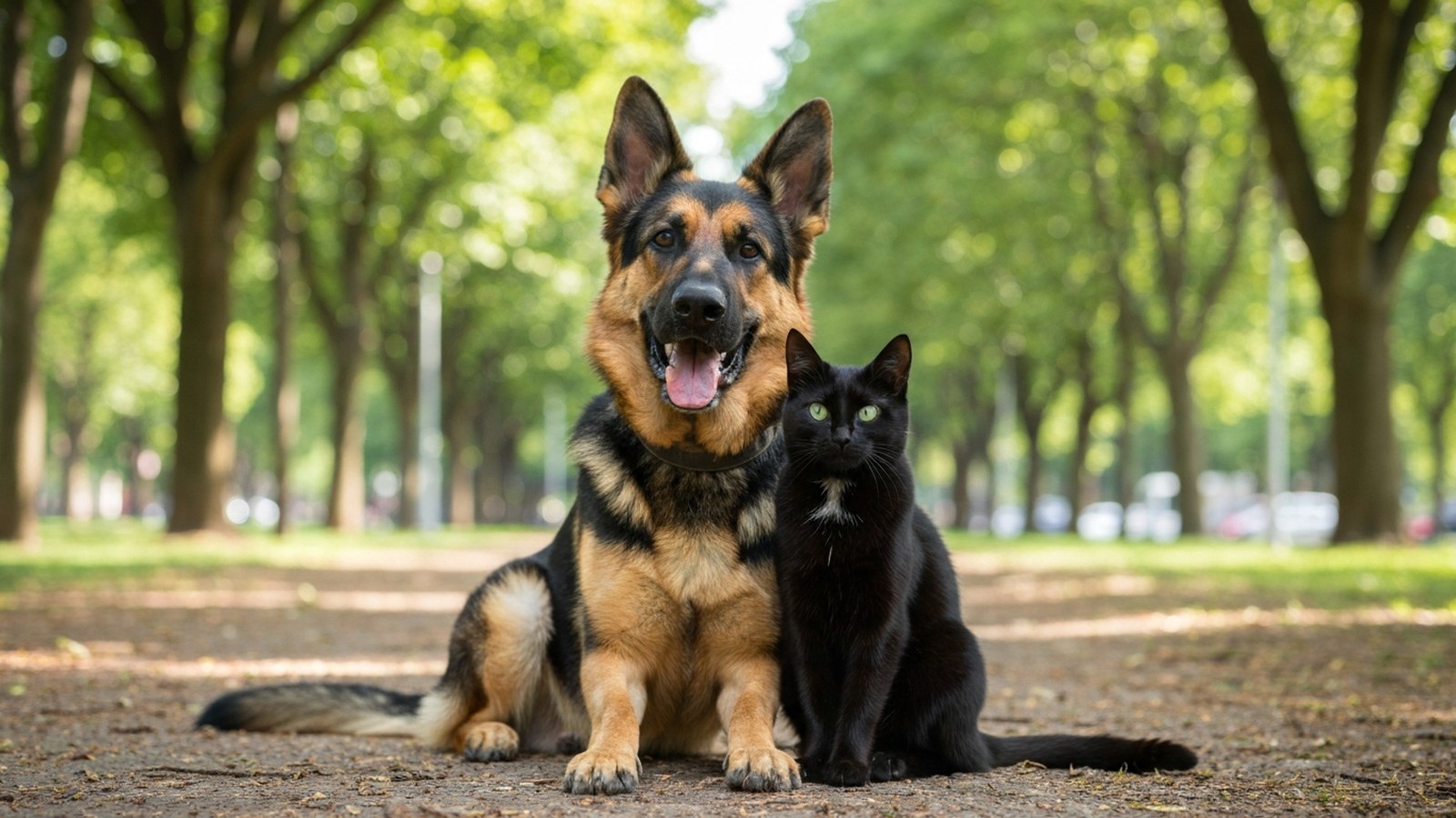Cão e gato saudáveis lado a lado em ambiente urbano de bairro, dia claro, foco em bem-estar animal, sem pessoas