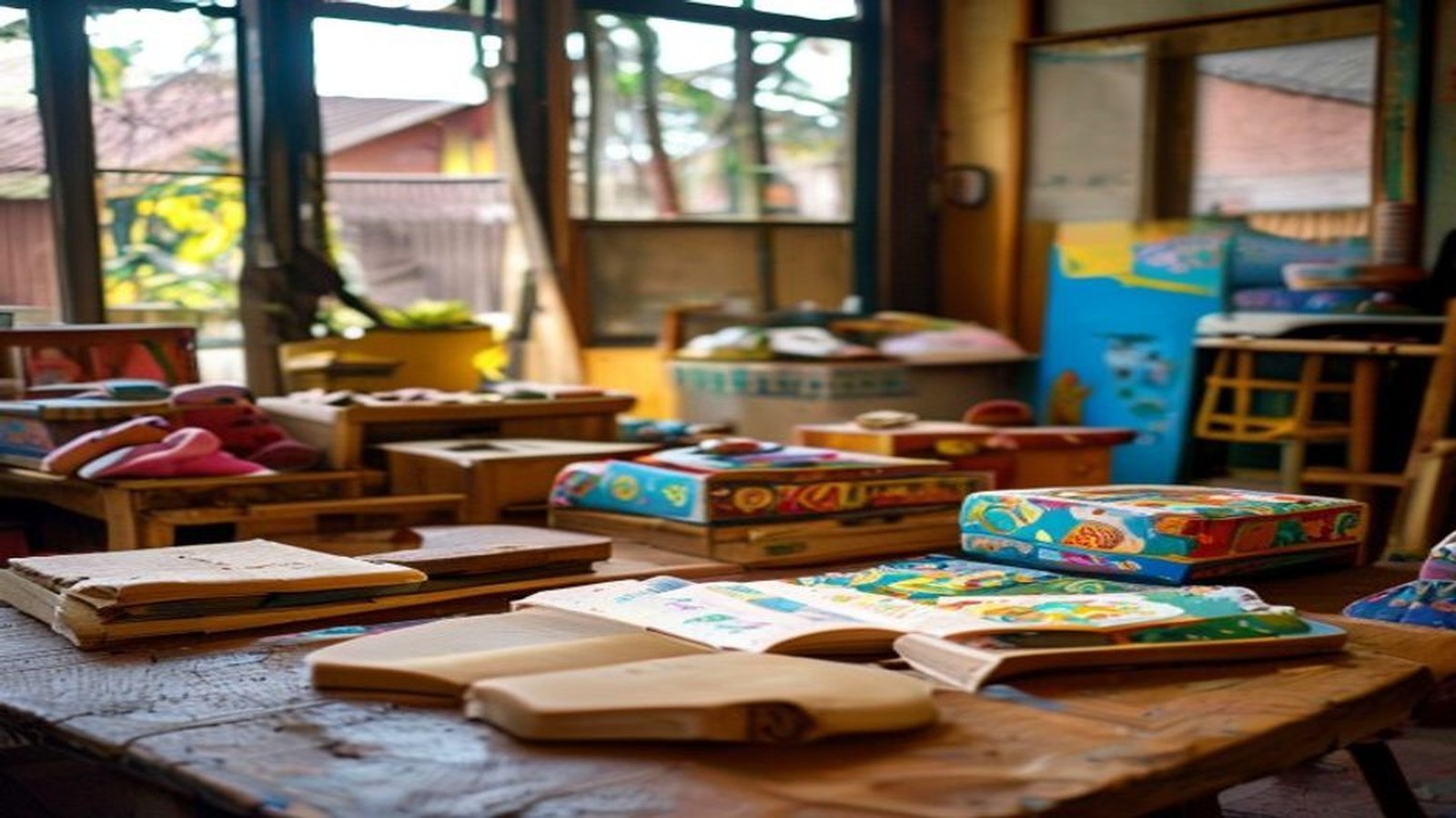 Brinquedos infantis de madeira e materiais educativos sobre mesa em ambiente acolhedor, símbolo do cuidado com a primeira infância, sem crianças identificá