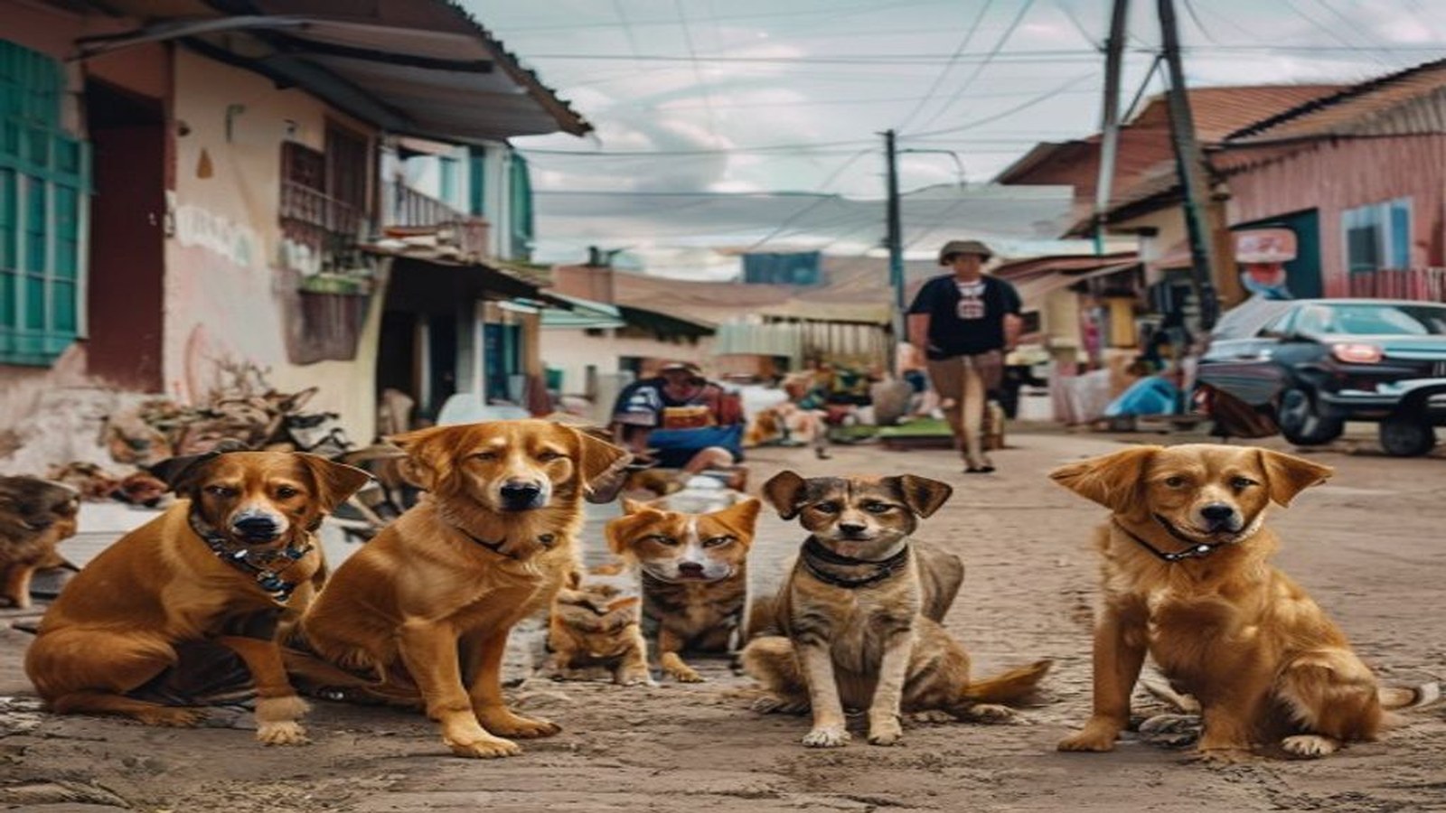 Cães e gatos para adoção em uma praça do interior, ambiente de feira de adoção animal ao ar livre, sem rostos humanos identificáveis — Canguçu