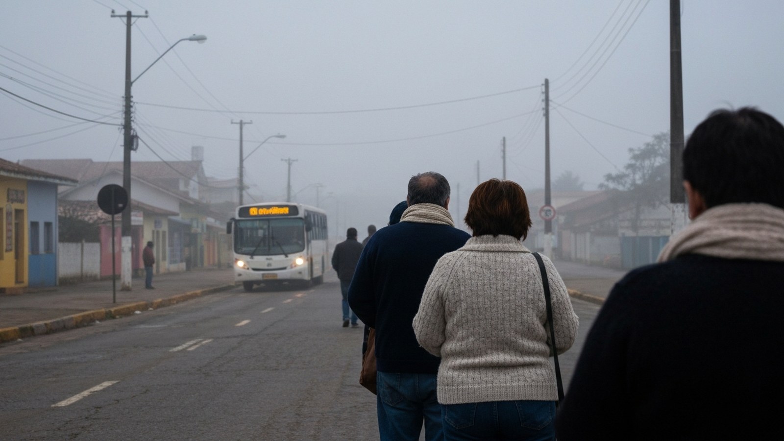 Manhã de inverno fria com neblina sobre uma cidade do Sul do RS, pessoas agasalhadas ao longe, sem rostos identificáveis, clima úmido e frio — Camaquã, Tap