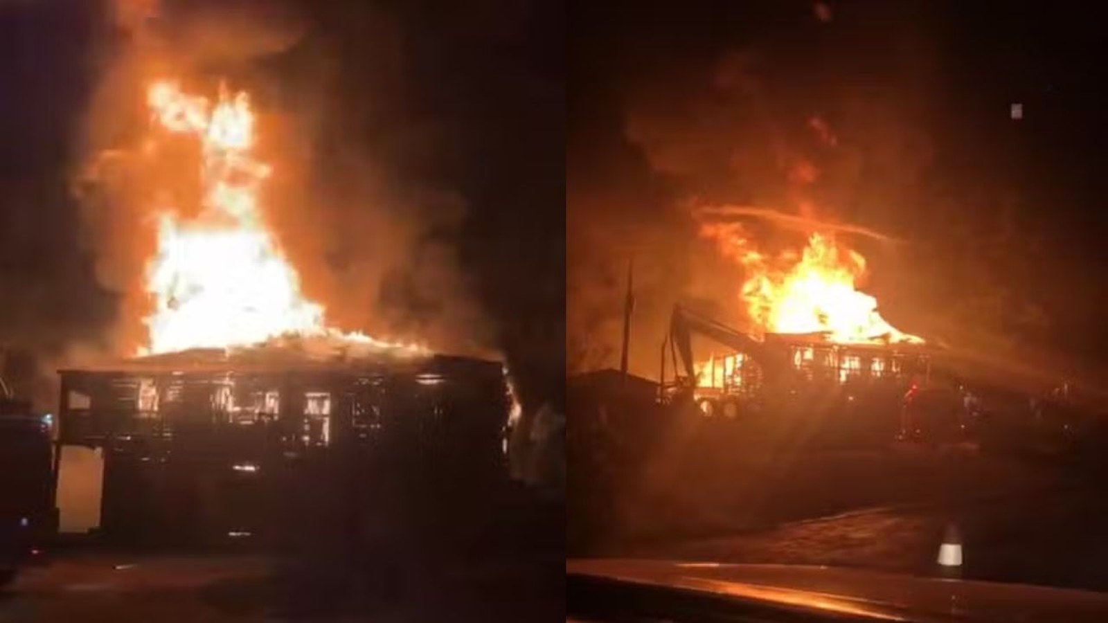 Bombeiros combatendo incêndio em edificação comercial à noite, vistos a distância, fumaça e luzes de emergência — Camaquã