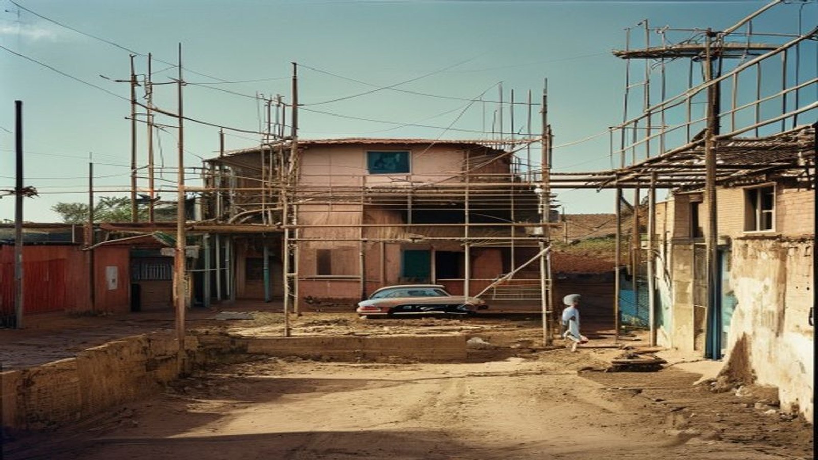 Canteiro de obras de um prédio público de saúde em construção no interior, estrutura em alvenaria, capacete e andaimes, sem rostos identificáveis — Chuvisc