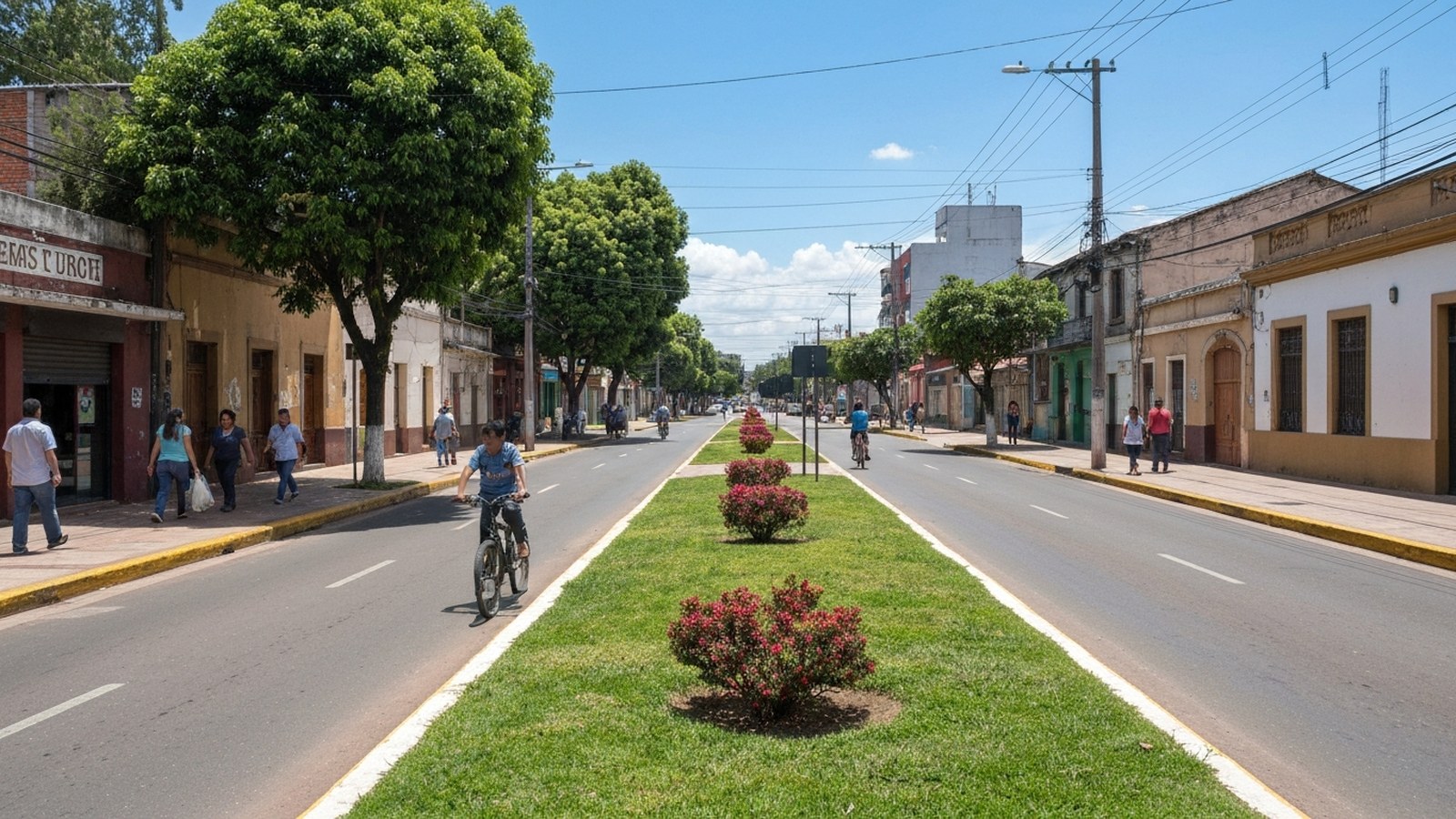 Avenida pavimentada recém-reformada com canteiro central organizado em cidade pequena do Sul do RS, vista de rua ao nível do solo, sem pessoas identificáve