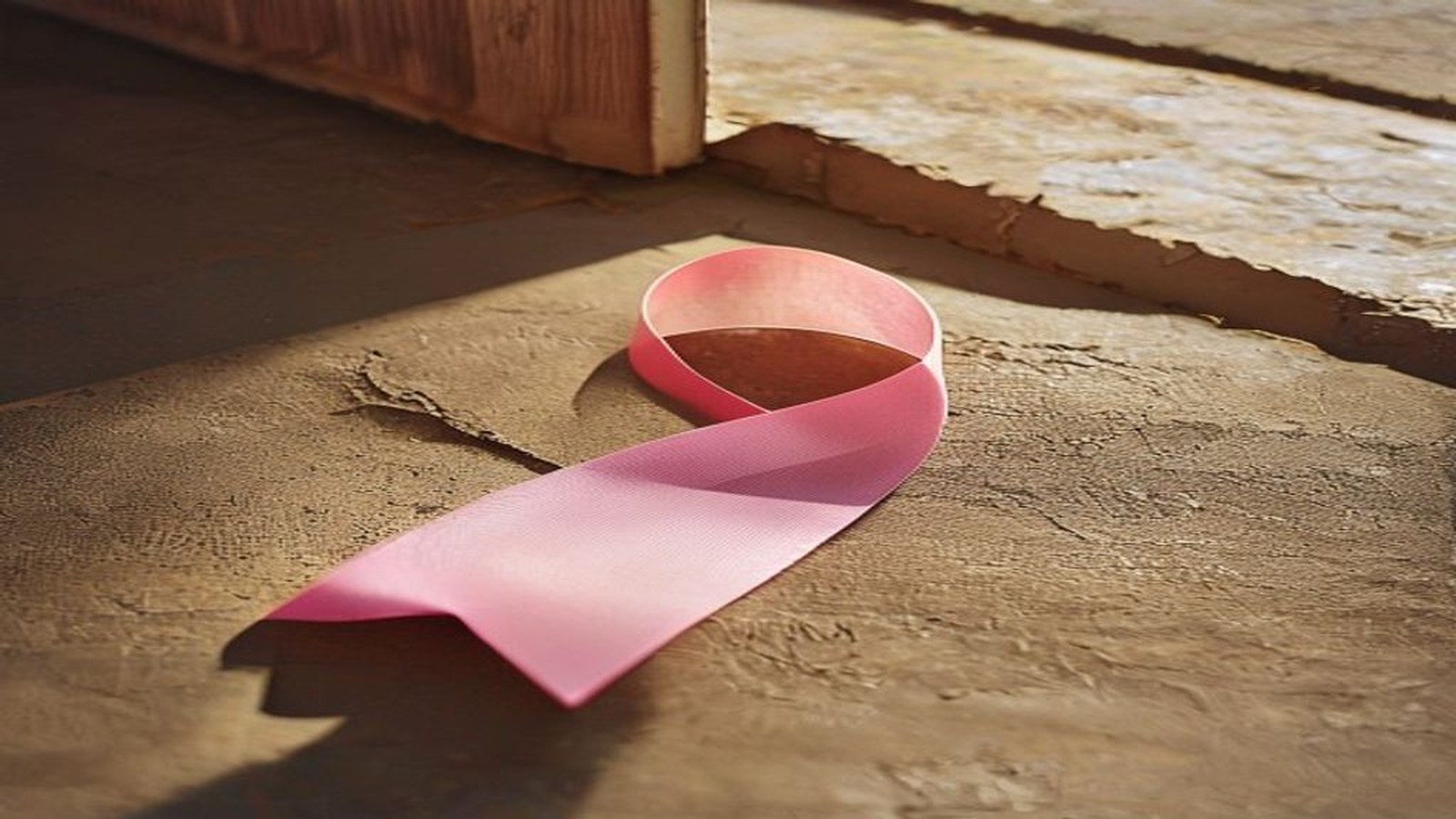 Laço cor-de-rosa de combate ao câncer sobre fundo neutro, ou fachada simples de uma sede de entidade comunitária em cidade do interior do Rio Grande do Sul