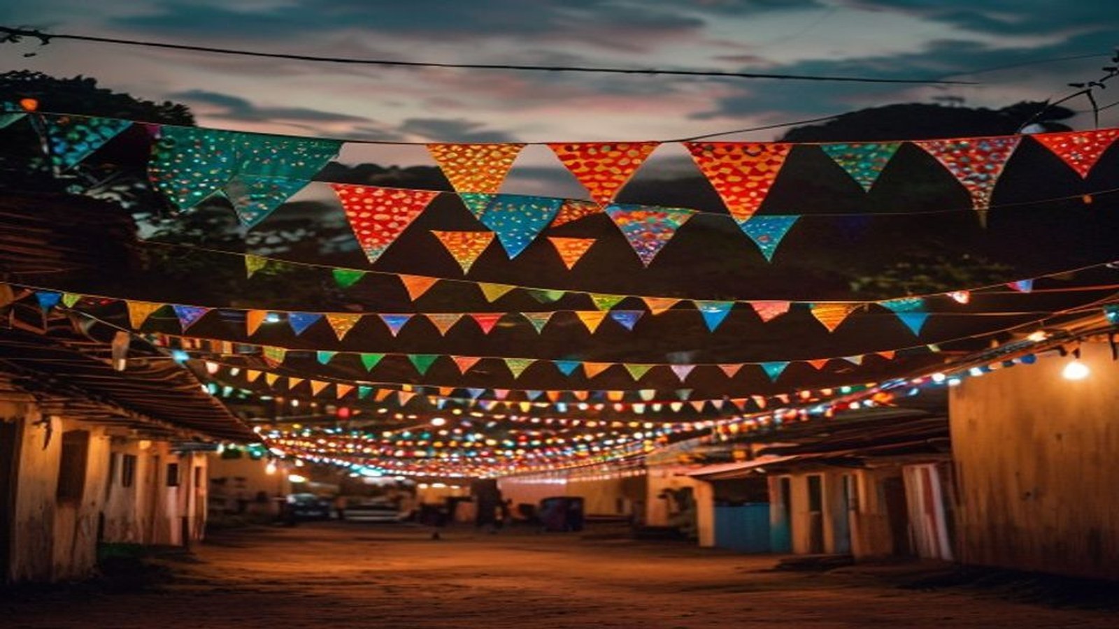 Festa junina brasileira com bandeirinhas coloridas, fogueira e decoração típica de São João, ambiente noturno festivo, sem rostos identificáveis — Arambaré