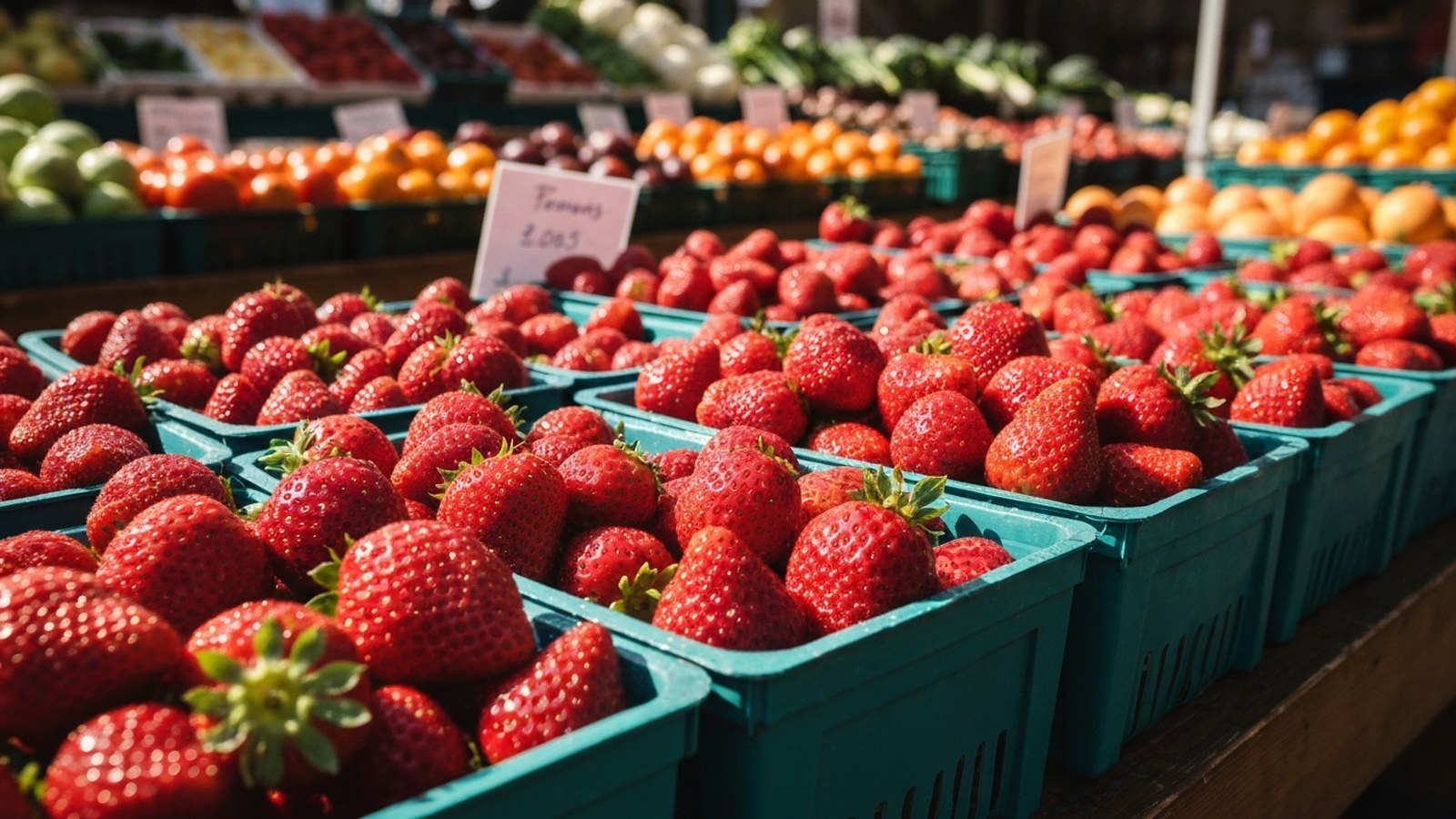 Morangos frescos recém-colhidos em caixas de feira de produtor rural, close nas frutas, sem pessoas — Pelotas