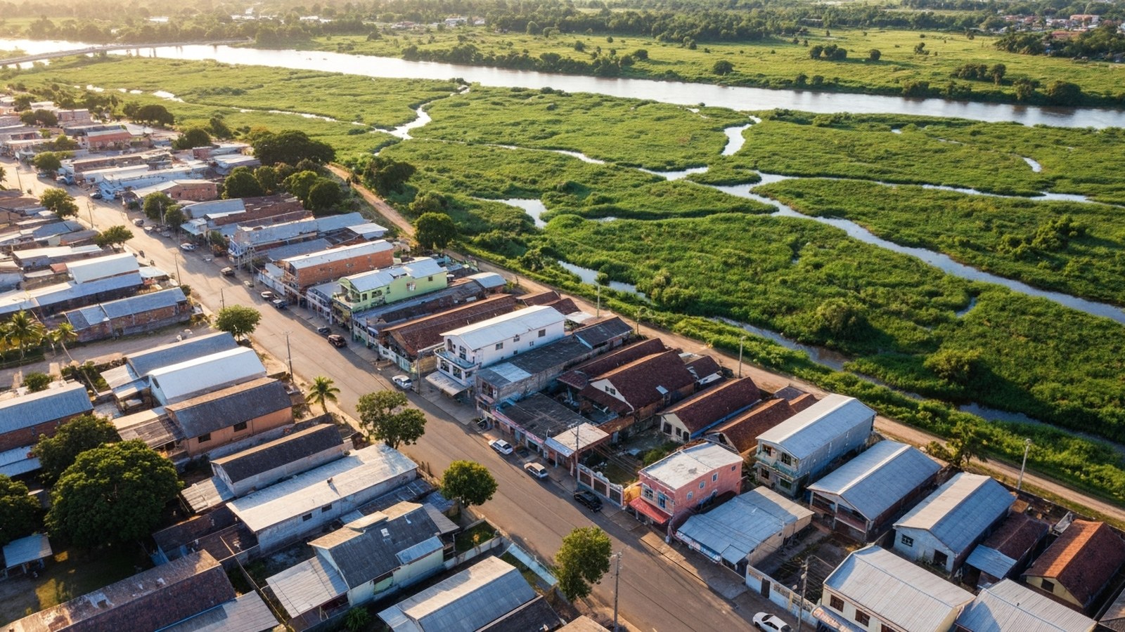 Vista aérea de área urbana com várzea de rio ao fundo no Sul do RS, mostrando ocupação próxima a curso d'água, sob luz de fim de tarde