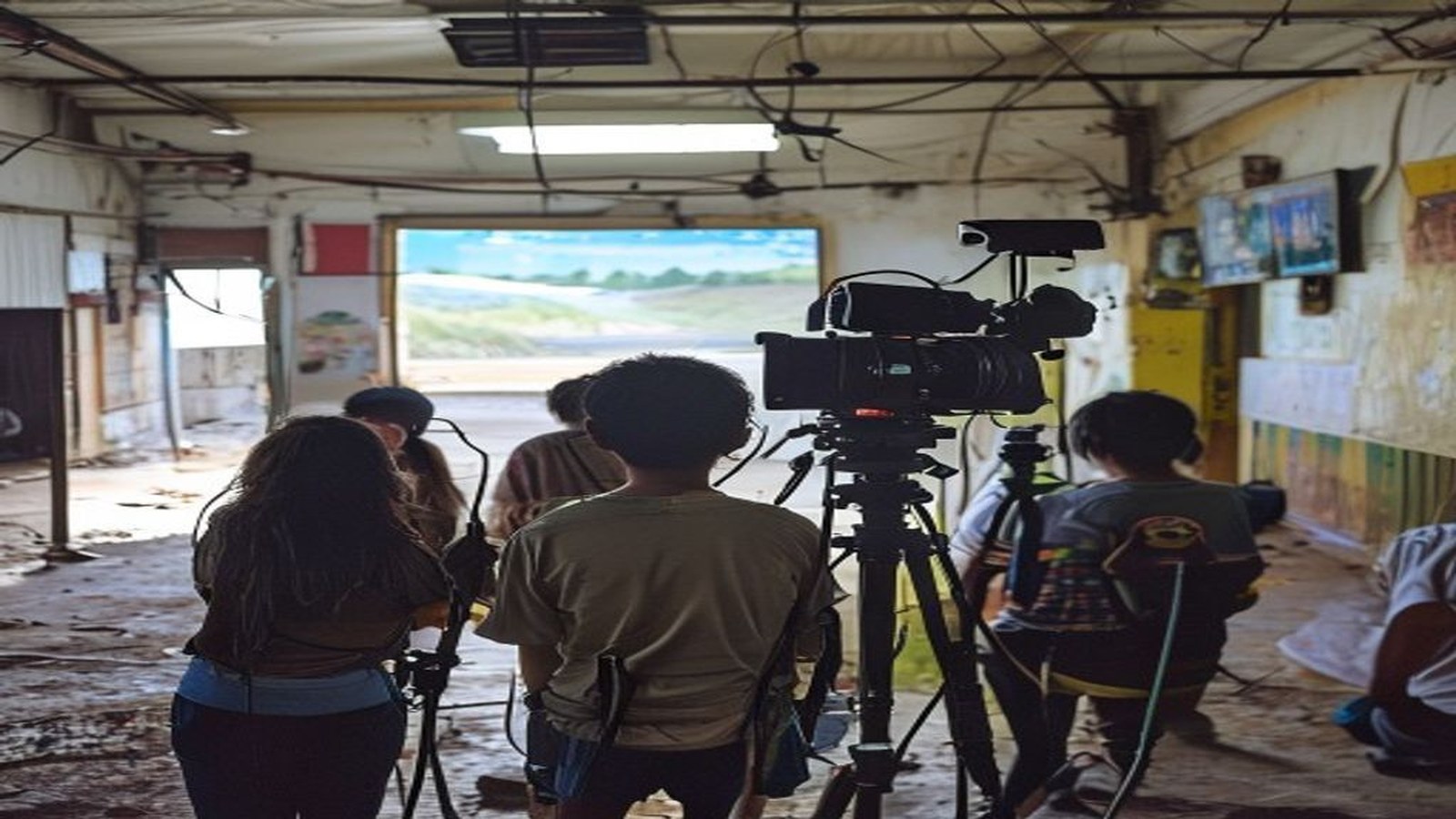Estudantes de costas manuseando câmera e equipamento de vídeo em sala de aula, foco nos equipamentos, sem rostos identificáveis — Barra do Ribeiro