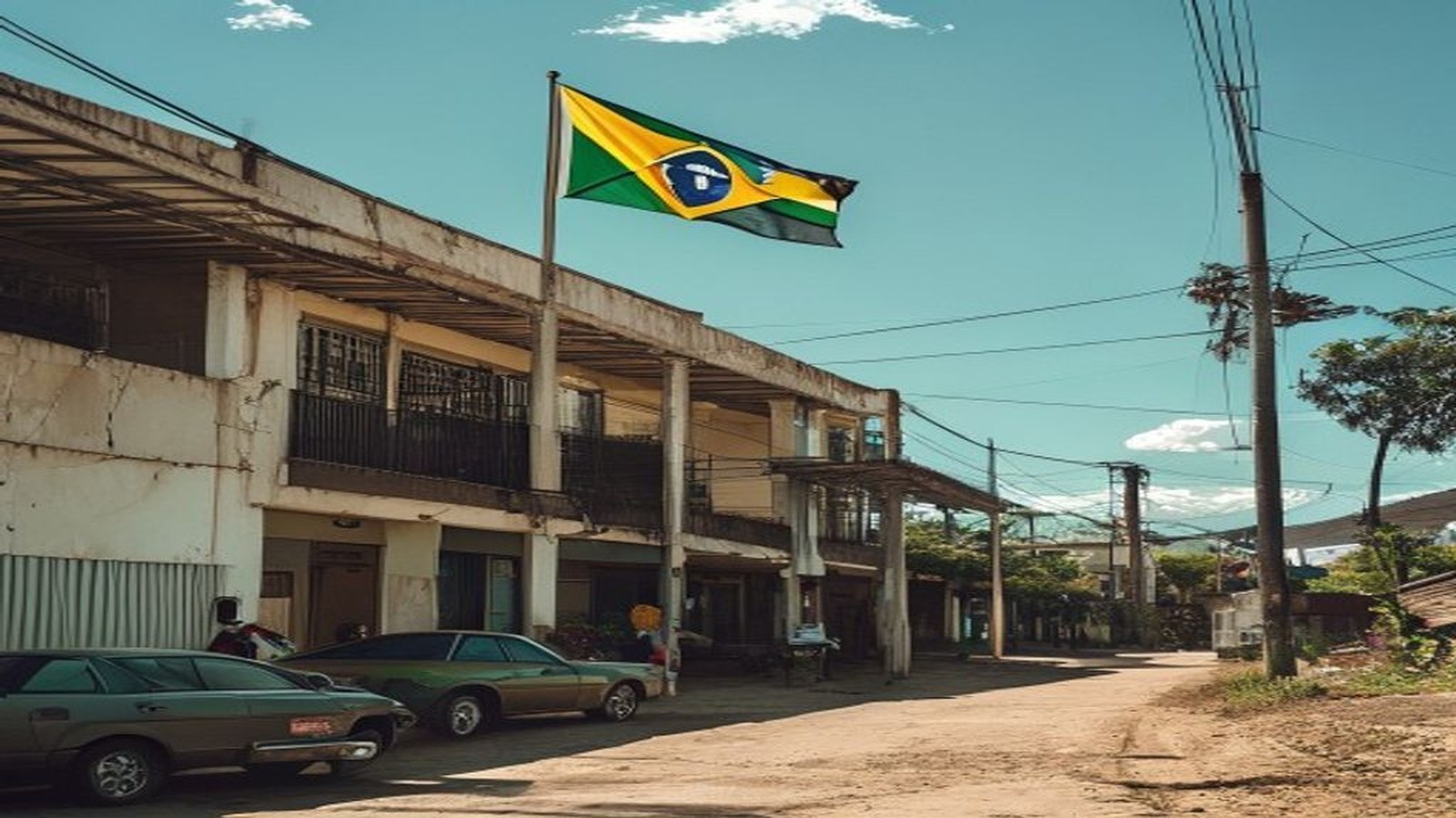 Prédio público municipal com bandeira do Brasil ao vento, clima de Copa do Mundo, sem pessoas identificáveis — Camaquã