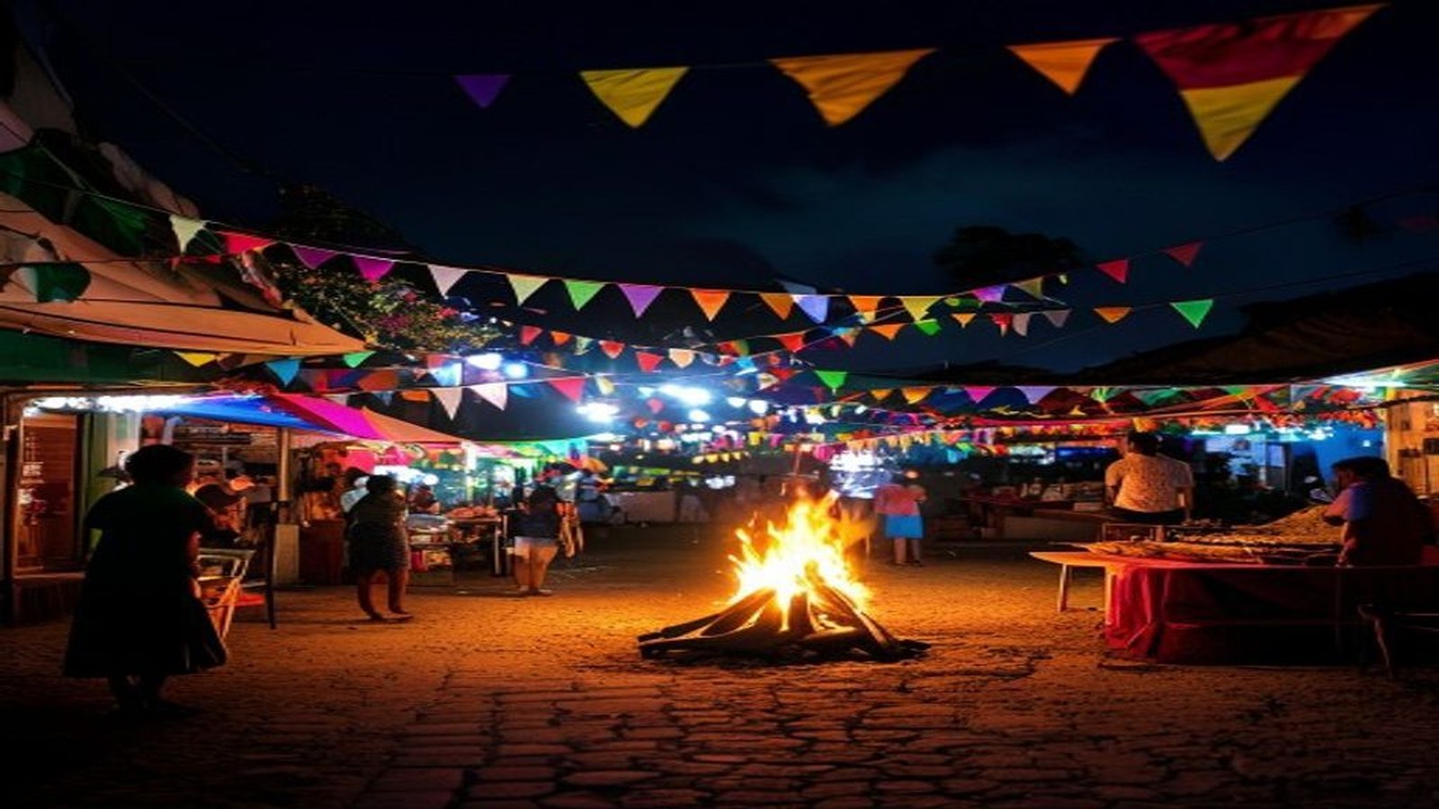 Festa junina à noite com bandeirinhas coloridas, fogueira e barracas iluminadas em praça do interior do Rio Grande do Sul, sem rostos identificáveis — Fest