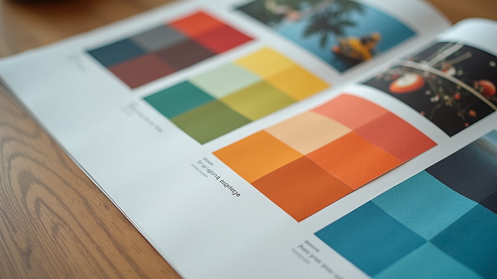High angle view of a vibrant brand mood board with colour samples and photos