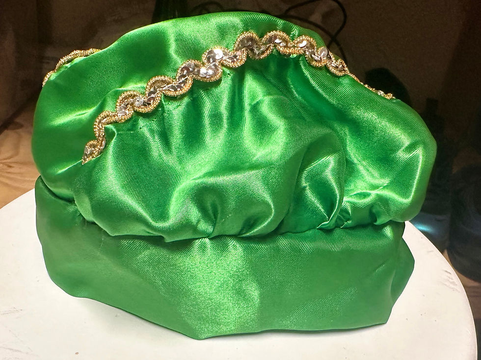 Satin green ritual hat with design