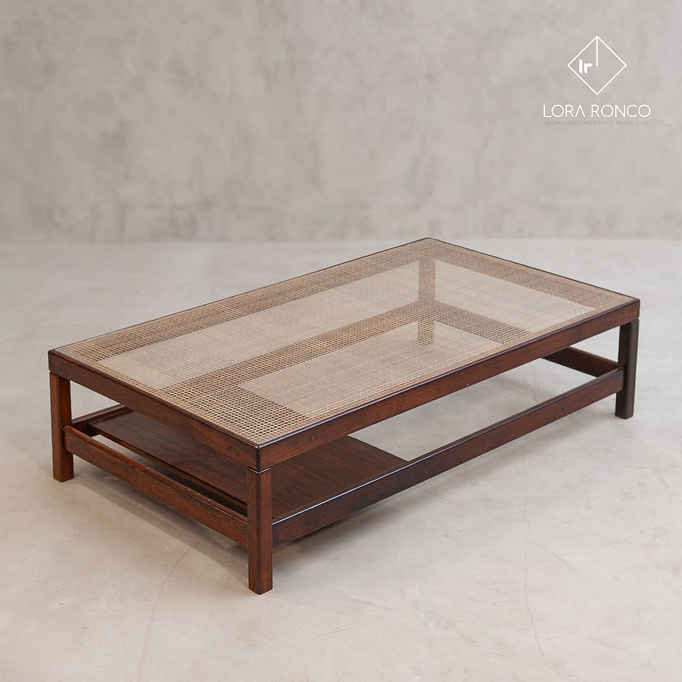 Anônimo - Mesa de centro design anos 60 madeira maciça jacarandá palhinha vidro. Mesa de centro elegante com linhas retas