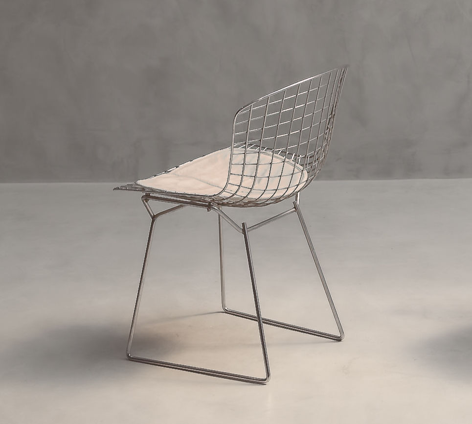 designer Harry Bertoia - cadeira Bertoia design Knoll anos 50 60 aramada aço inox cromada vintage assento couro branco Forma