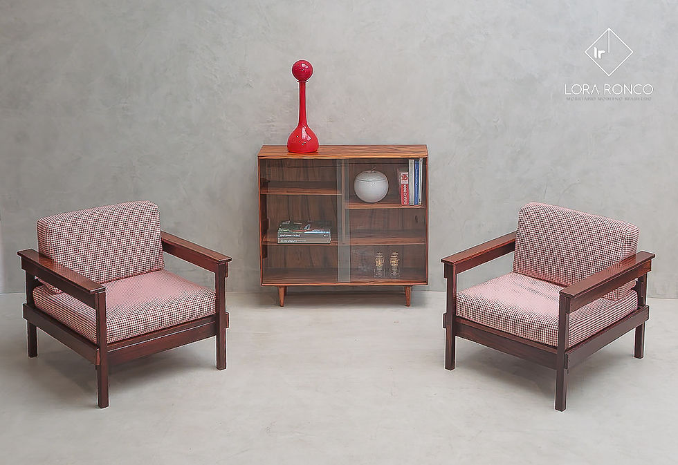 Thumbnail: Poltronas de design moderno vintage anos 60 original de época assinada Hauner jacarandá maciço tecido cru vermelho não é Etel