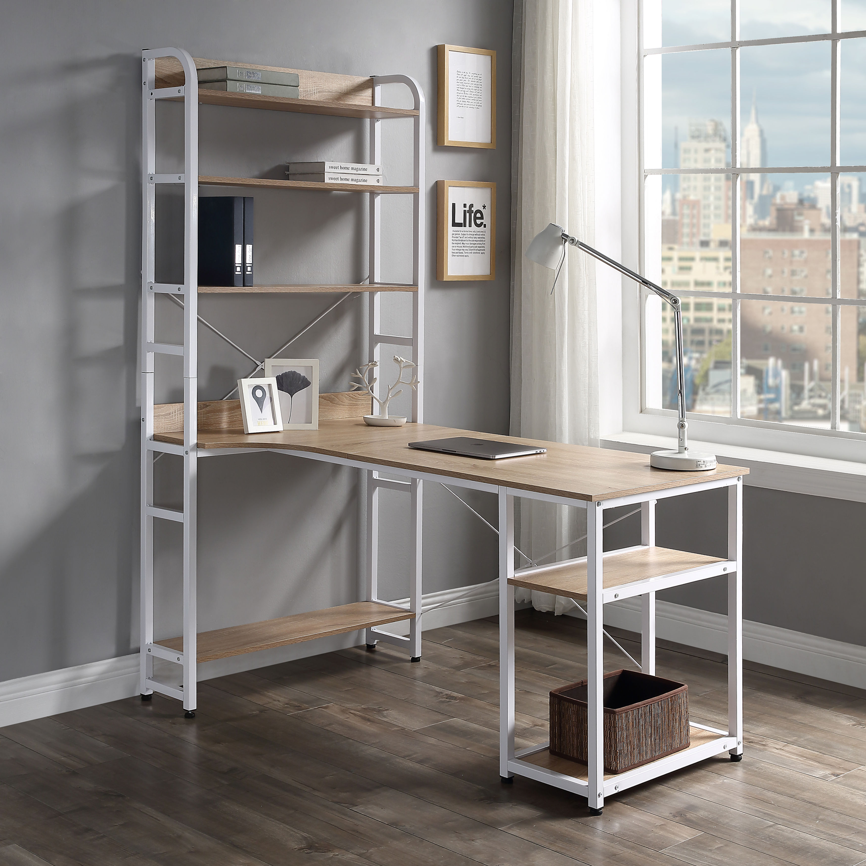 Home Office computer desk——Steel frame and MDF board/5 tier open bookshelf/Plent