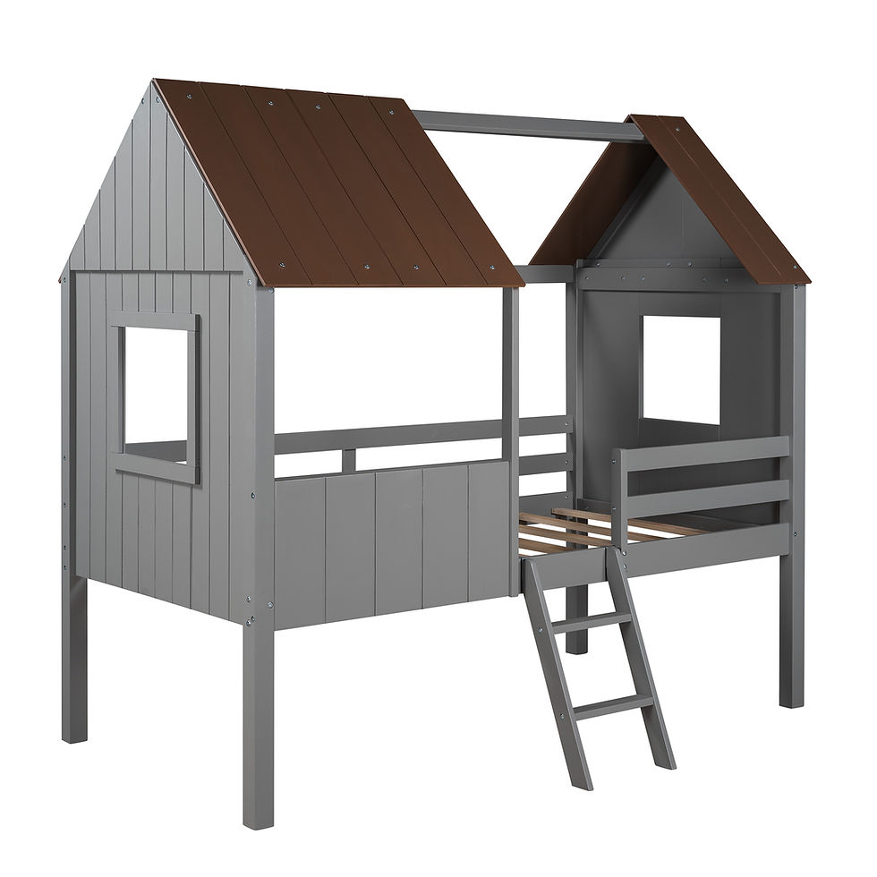 Thumbnail: Twin Size Low Loft Wood House Bed with Two Side Windows, for Kids, Teens, Girls,