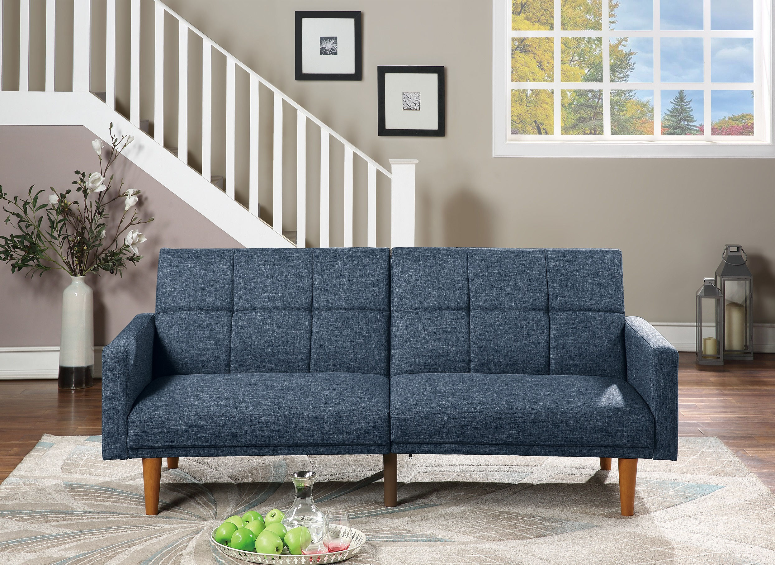 Transitional Look Living Room Sofa Couch Convertible Bed Navy Polyfiber 1pc Tuft