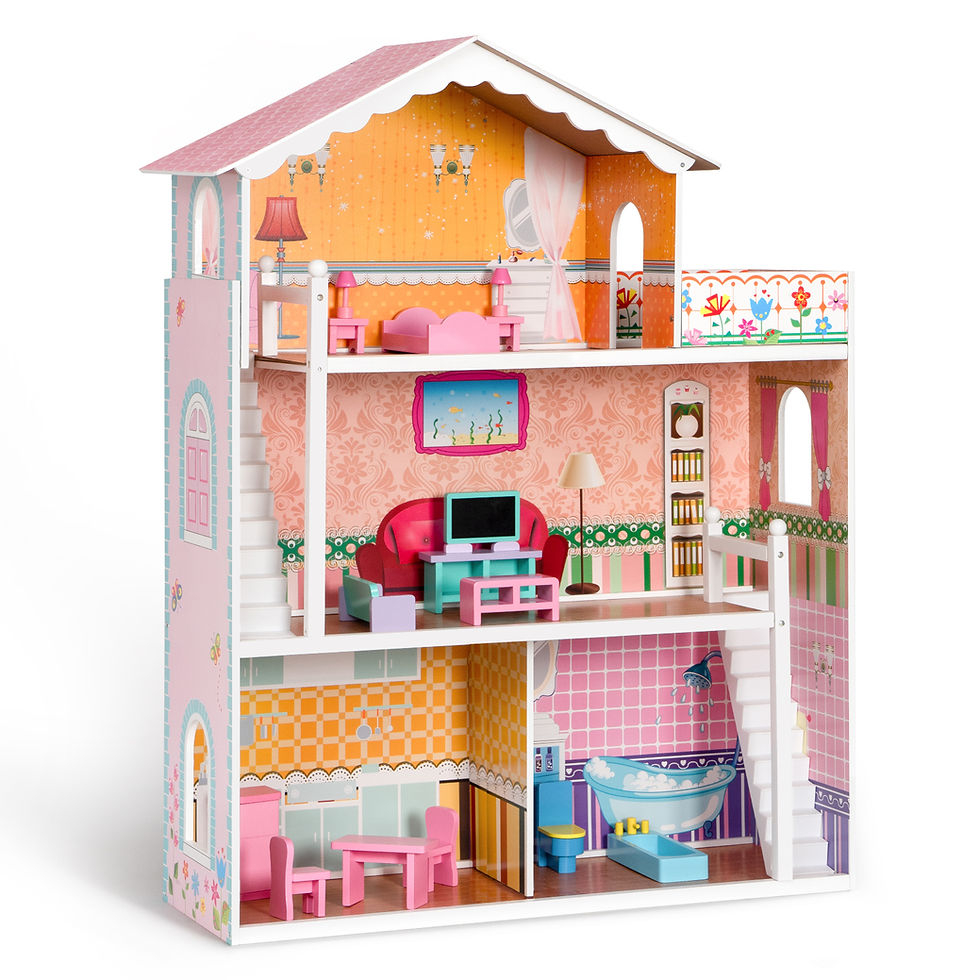 Thumbnail: Wooden Dollhouse with 2 Stairs, Balcony and 15 Accessories ,Gift for Ages 3+