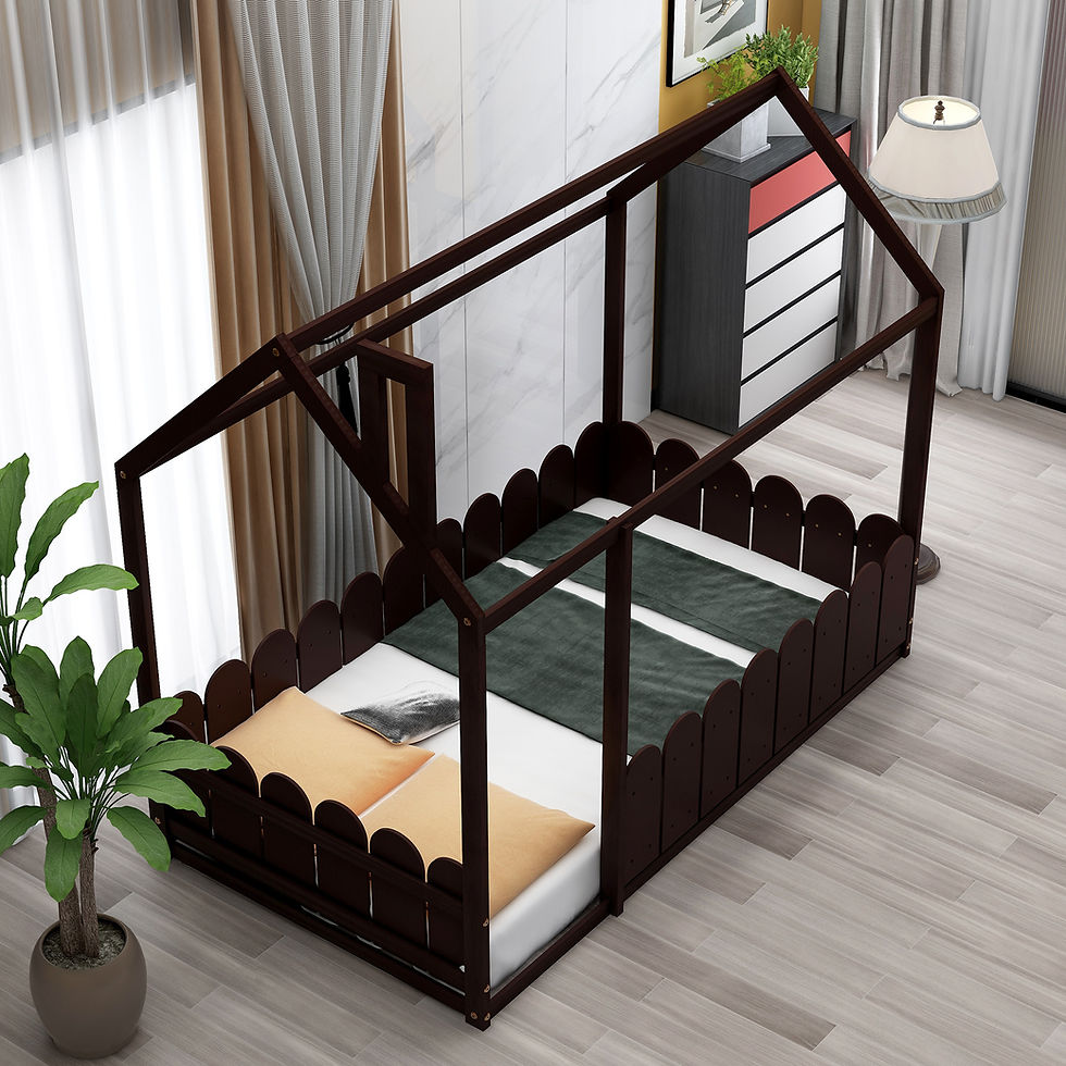 Thumbnail: （Slats are not included) Twin Size Wood Bed House Bed Frame with Fence, for Kids