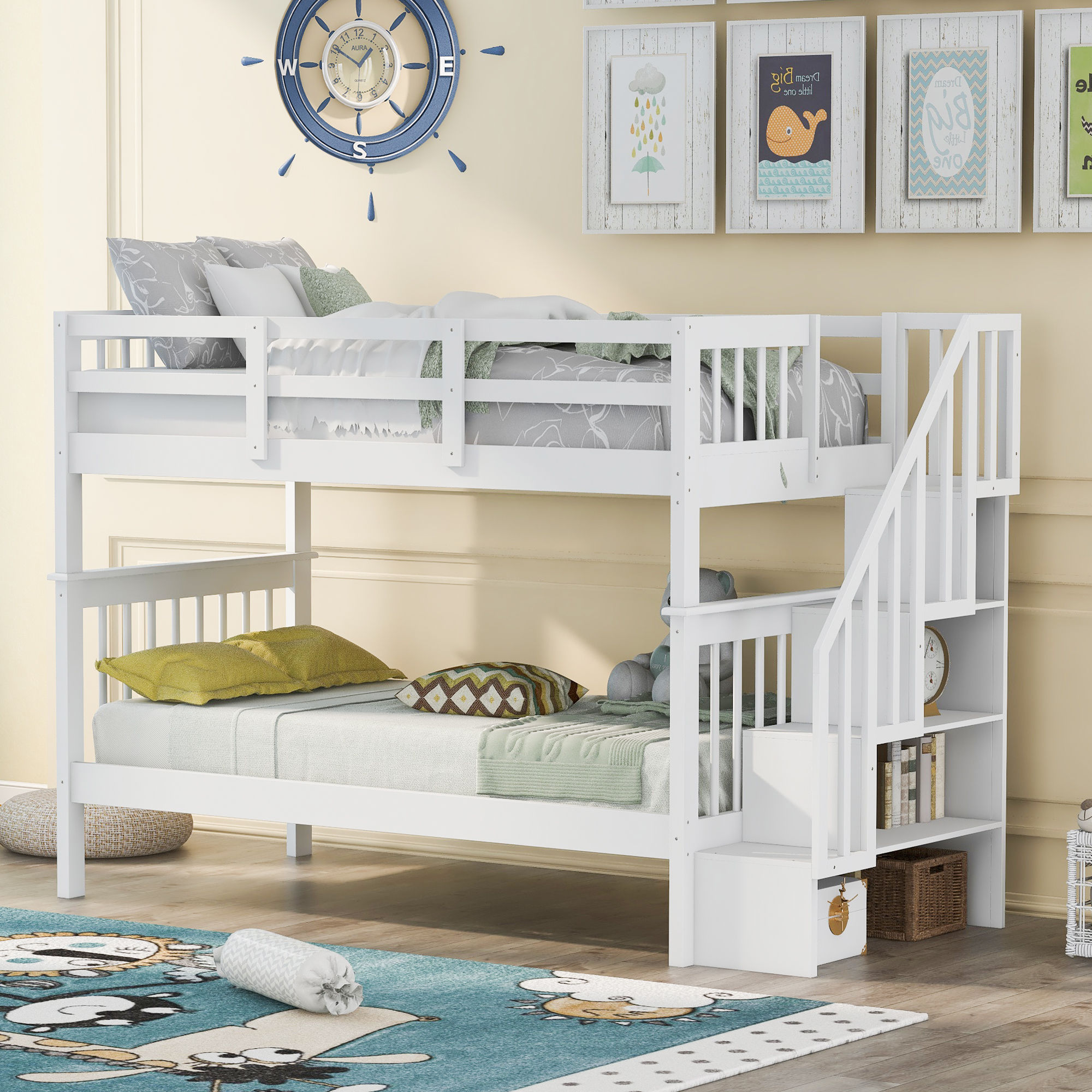 Stairway Twin-Over-Twin Bunk Bed with Storage and Guard Rail for Bedroom, Dorm, 