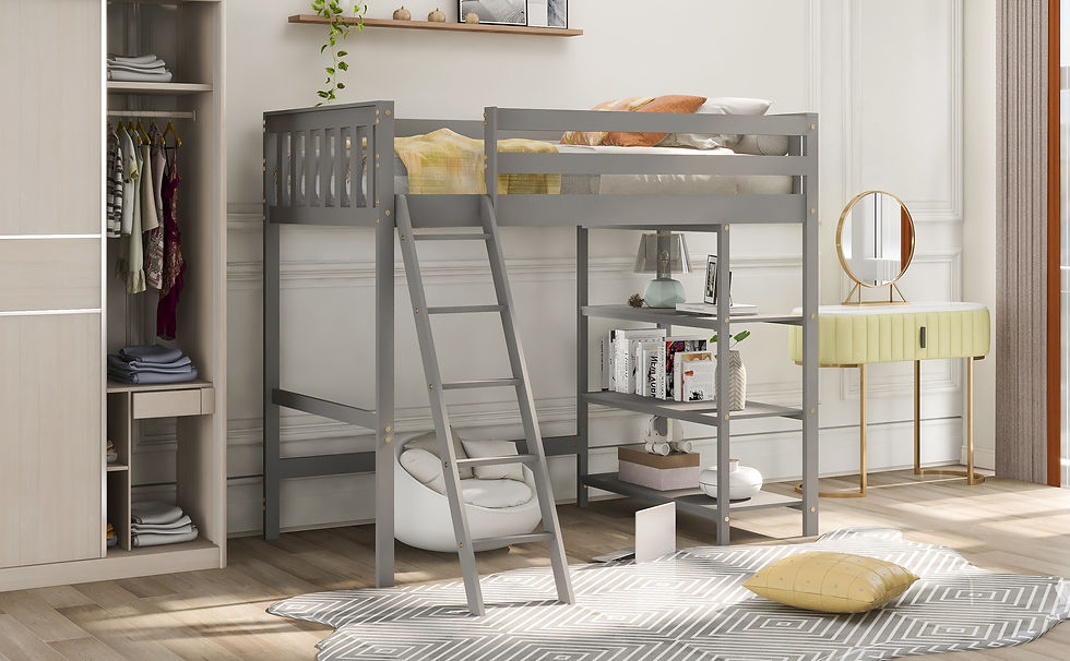 Thumbnail: Loft Bed with Storage Shelves, Pine Wooden Loft Bed , No Box Spring Needed ,Twin