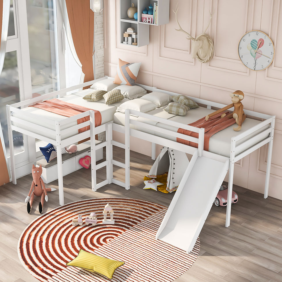 L-Shaped Loft Bed with Ladders and Slide,White