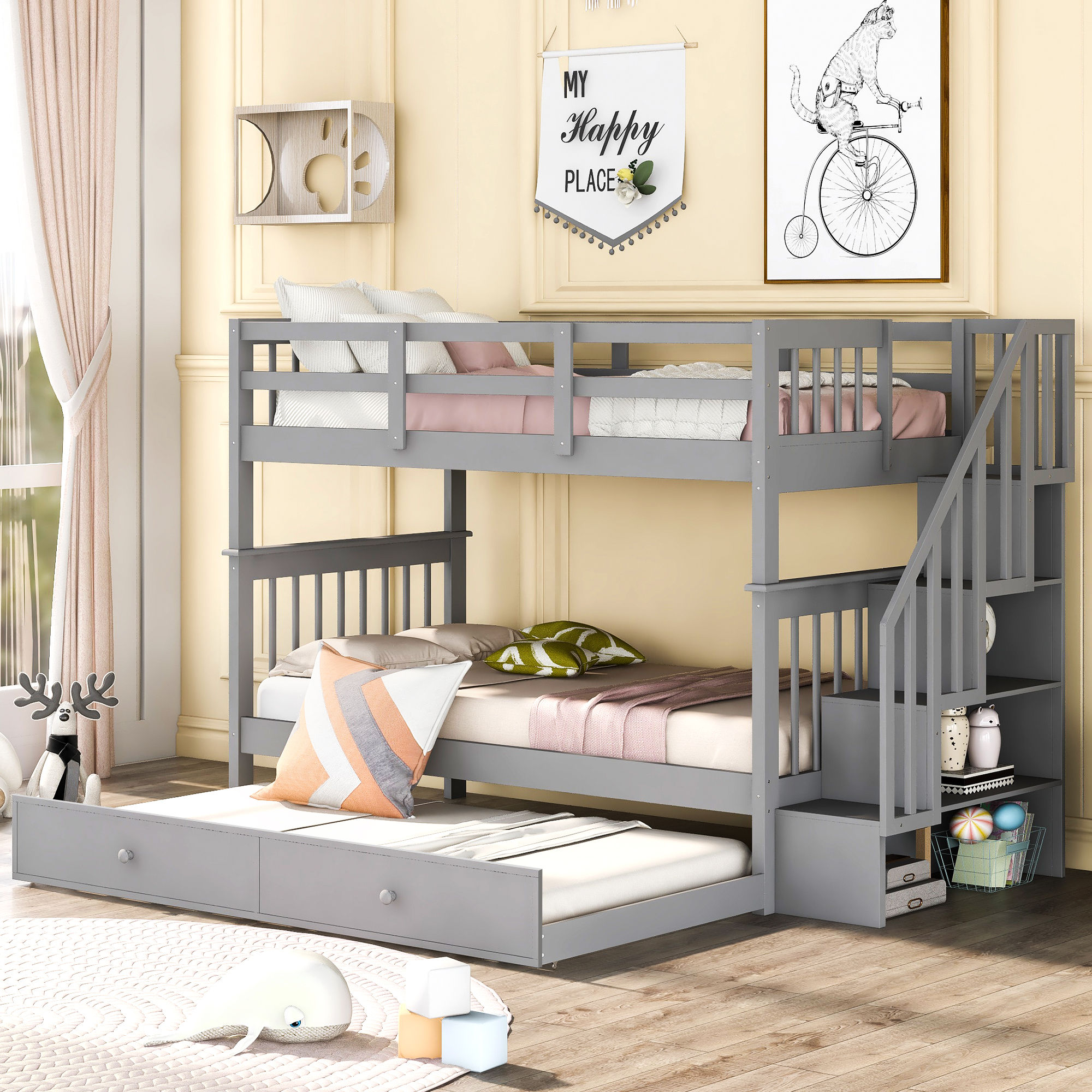 Stairway Twin-Over-Twin Bunk Bed with Twin size Trundle for Bedroom, Dorm, Adult