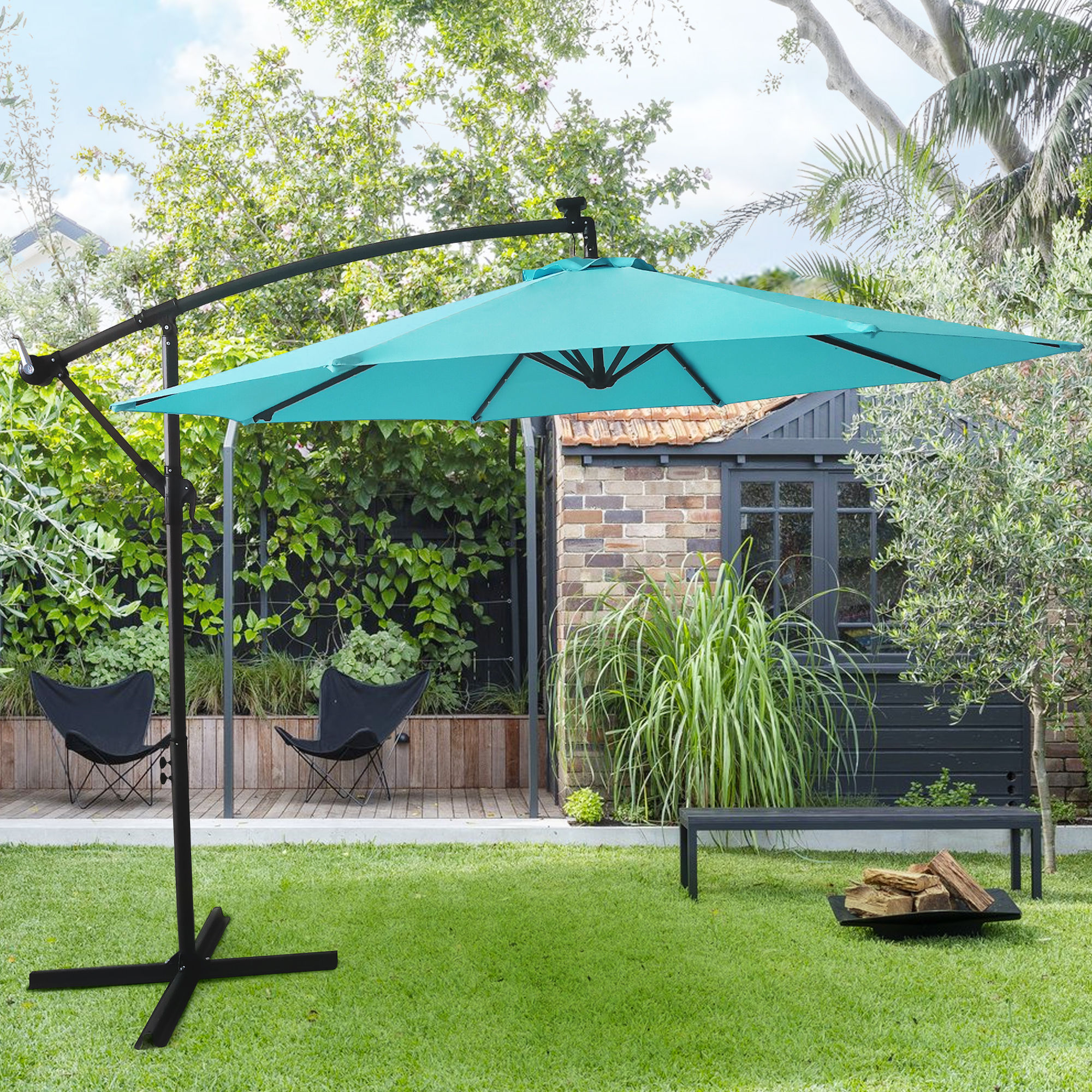  10FT Patio Offset Lighted Hanging Cantilever Umbrella for Backyard,Poolside, Ga