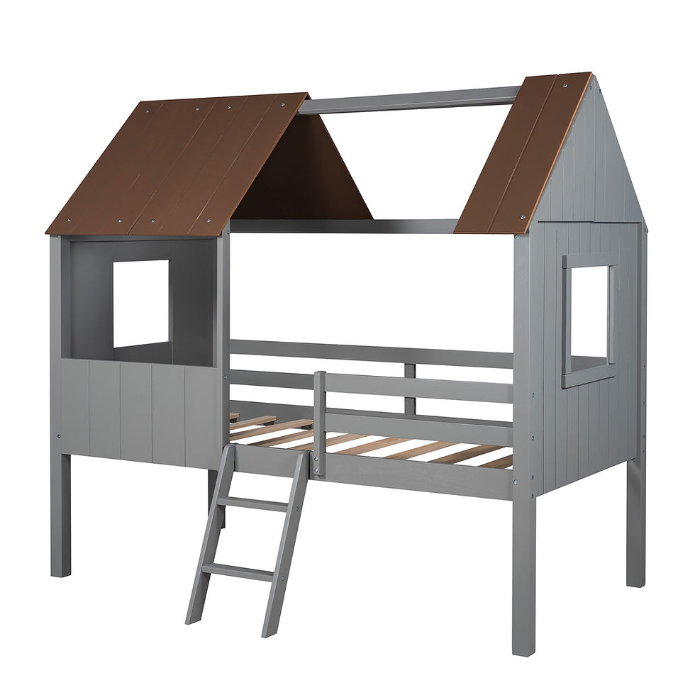 Thumbnail: Twin Size Low Loft Wood House Bed with Two Side Windows, for Kids, Teens, Girls,