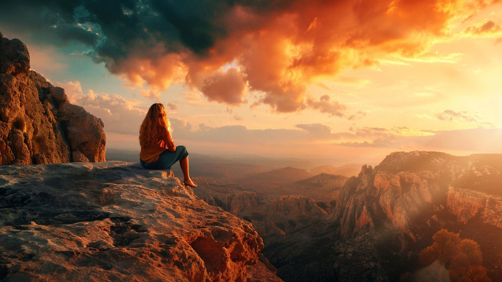 A moment for the travel log - Person sitting on mountain top, looking at the amber setting sun