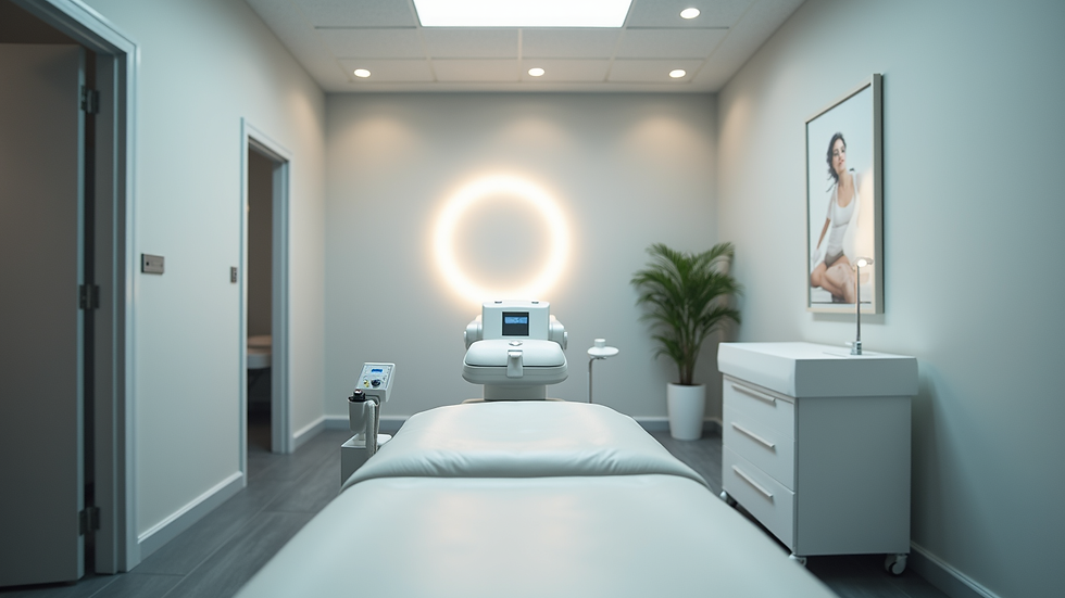 Eye-level view of a modern body sculpting clinic room with treatment equipment